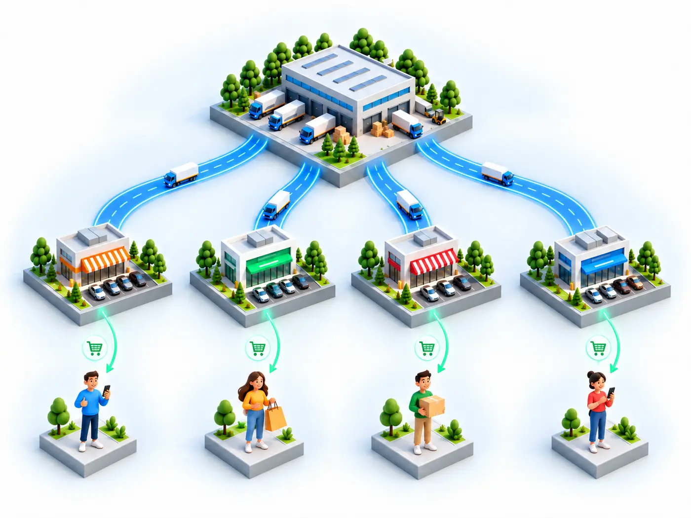 Diagrama isométrico: do distribuidor saem quatro vias, com caminhões, até quatro pontos de venda e, de cada ponto, uma seta com um carrinho de compras leva ao cliente final.