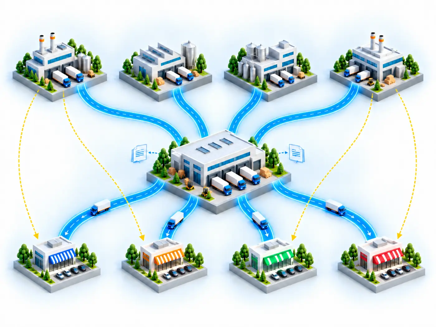 Diagrama isométrico: quatro indústrias abastecem, por vias com caminhões, um distribuidor no centro, que atende quatro pontos de venda; setas pontilhadas levam os produtos das indústrias direto aos pontos de venda.