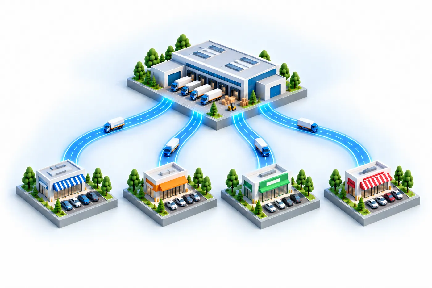 Diagrama isométrico: do centro de distribuição saem quatro vias, com caminhões, que o ligam a quatro pontos de venda.