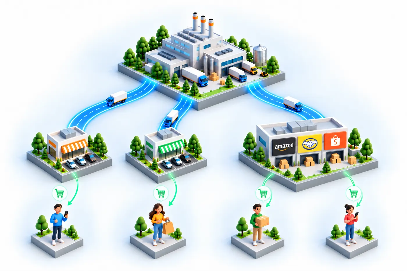 Diagrama isométrico: da matriz saem vias com caminhões até uma loja própria, uma franquia e um centro de marketplaces e, de cada um, setas com carrinho de compras levam ao cliente final.
