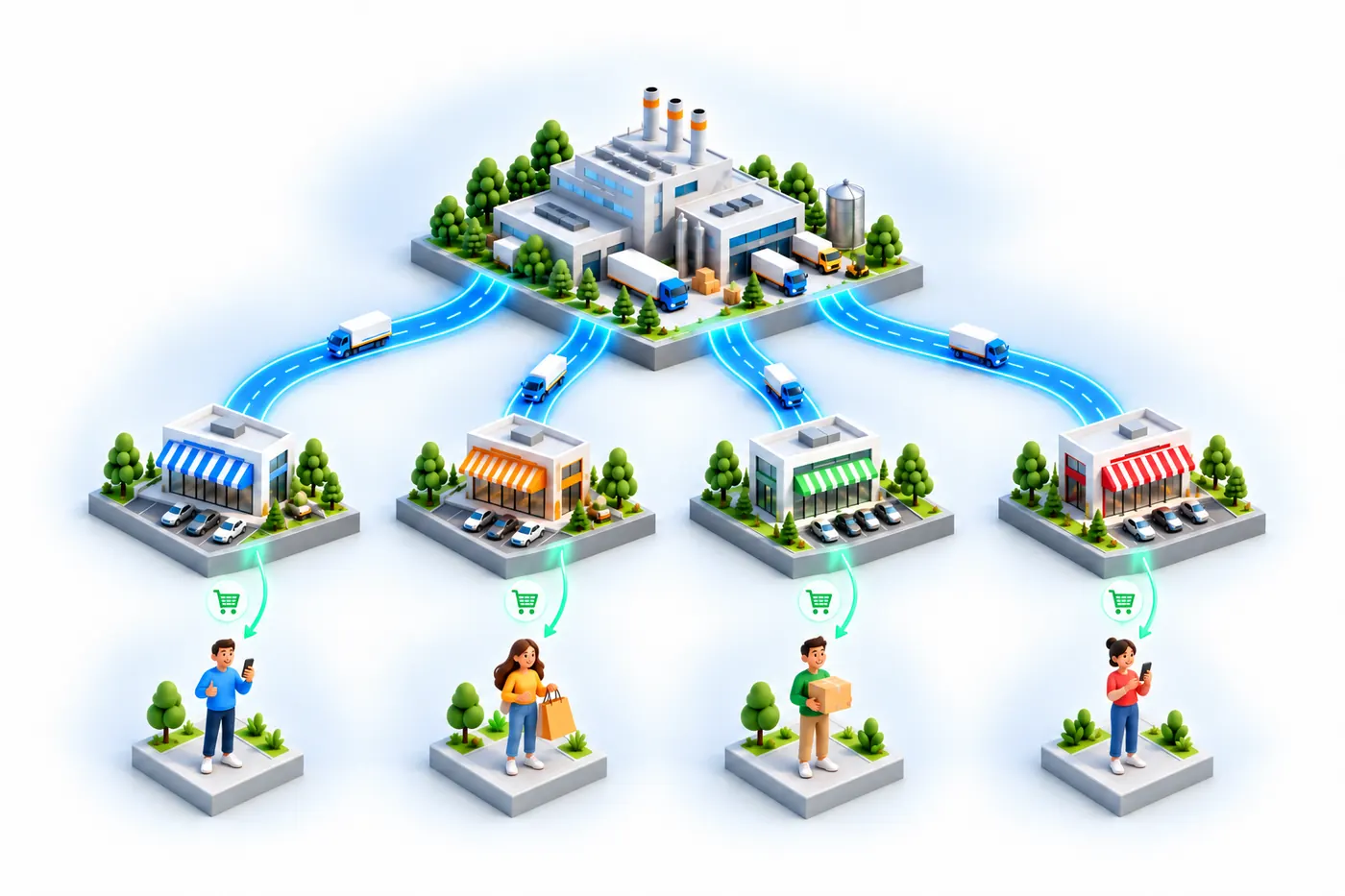 Diagrama isométrico: da indústria saem quatro vias que a ligam a quatro pontos de venda e, de cada ponto, uma seta com um carrinho de compras leva ao cliente final.