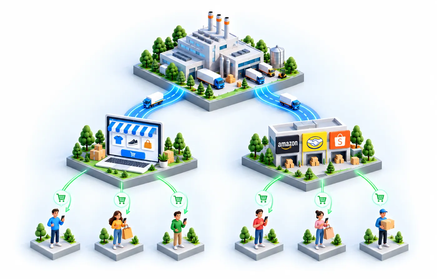 Diagrama isométrico: da indústria saem duas vias, uma para o portal próprio da marca e outra para os marketplaces, e de cada um deles setas com carrinho de compras levam a três clientes finais.