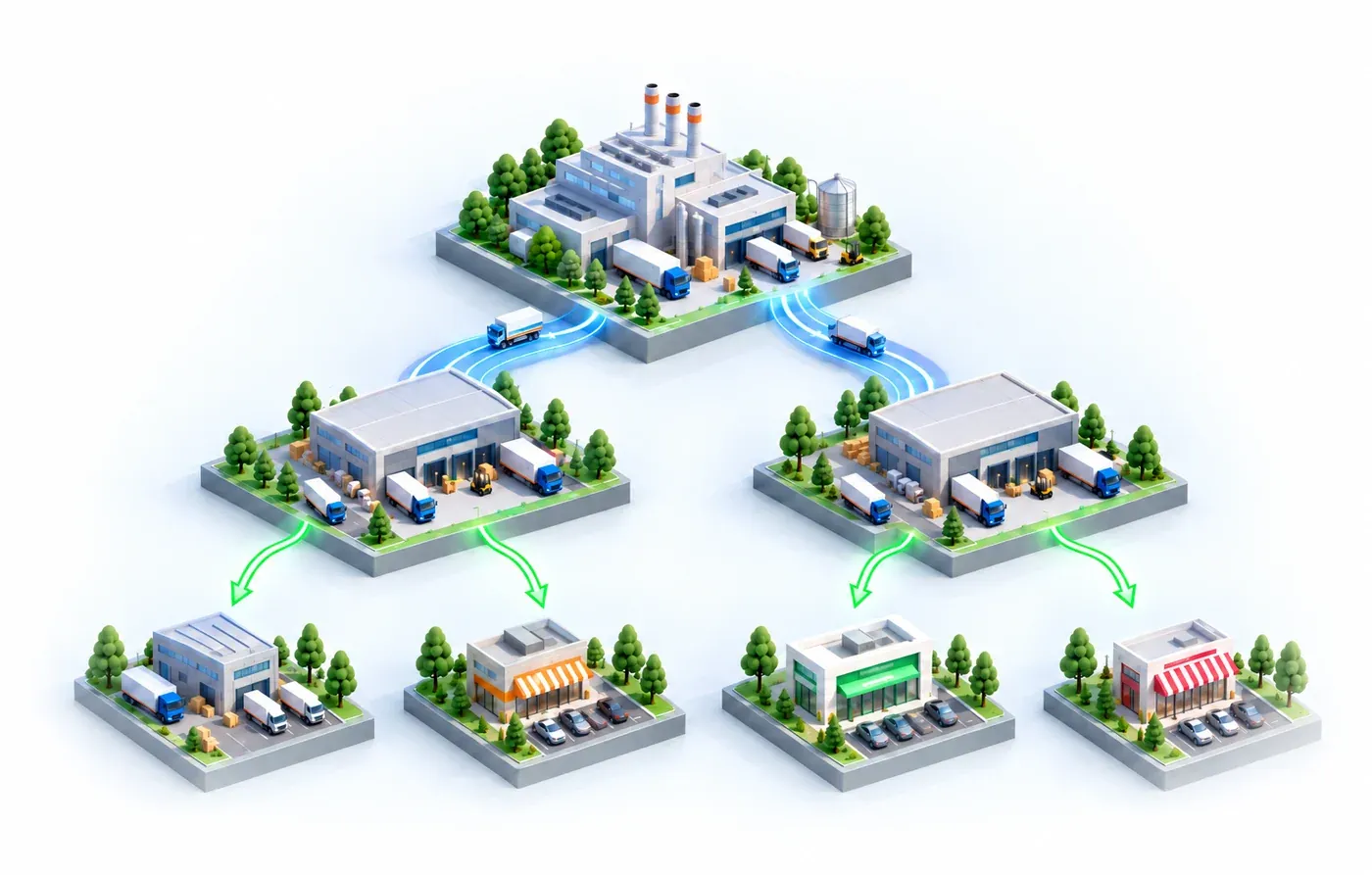 Diagrama isométrico: a indústria abastece dois centros de distribuição e, deles, saem entregas para distribuidores, revendedores, lojas próprias e franquias.