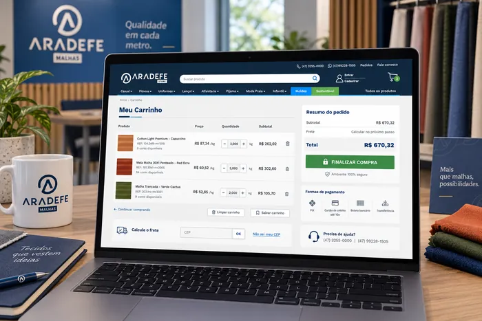 Carrinho de compras do e-commerce B2B da Aradefe