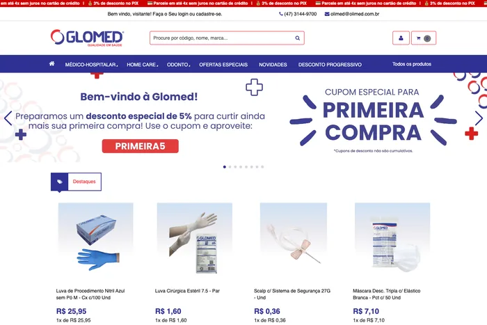 Página inicial da loja virtual Glomed, com banner e produtos em destaque