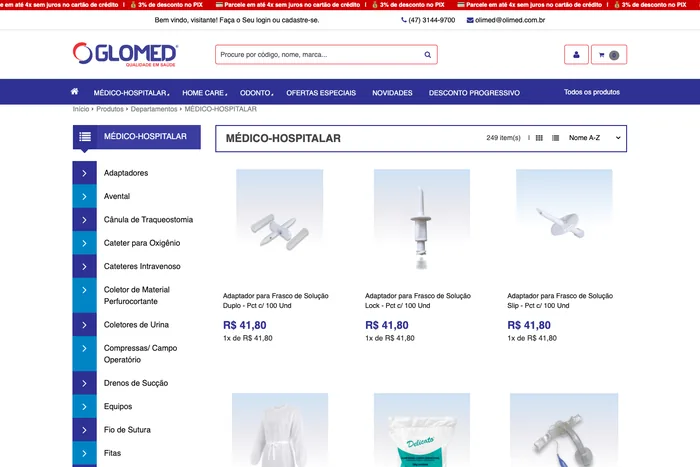 Categoria Médico-Hospitalar da loja Glomed, com subcategorias e preços
