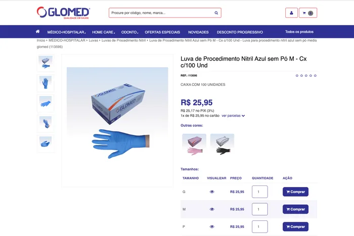 Página de produto da loja Glomed com cores, tamanhos e compra por grade