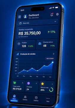 Aplicativo do representante mostrando vendas do dia e pedidos realizados.