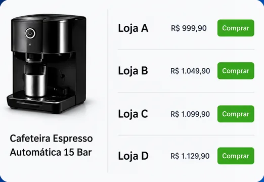 Mesma cafeteira ofertada por quatro lojas, com preços lado a lado.