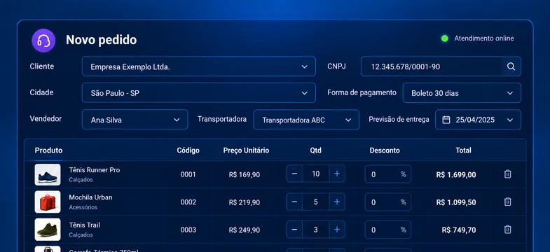 Tela de novo pedido com dados do cliente, itens e total do pedido.