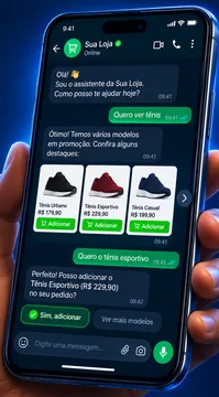 Conversa de venda pelo WhatsApp com catálogo de produtos e ofertas do dia.