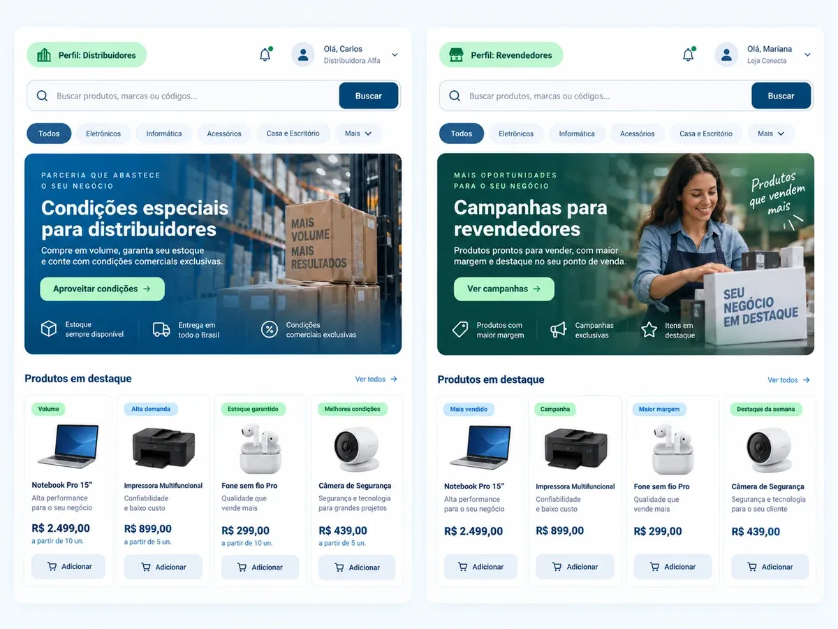 Dois portais lado a lado na Flexy: o do perfil Distribuidores, com o banner 