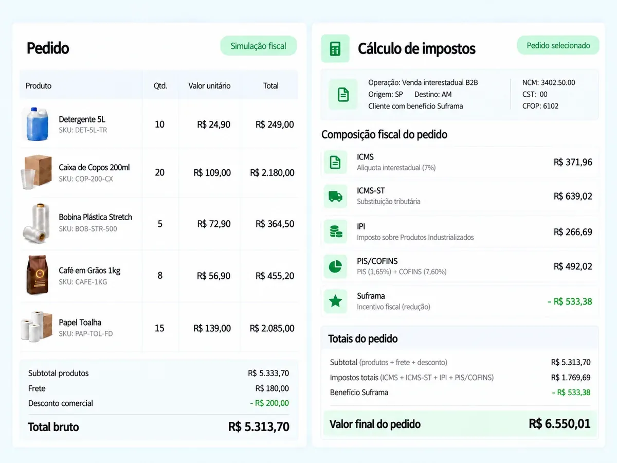 Duas telas lado a lado na Flexy: o pedido com produtos, quantidades e total bruto; e o cálculo de impostos do mesmo pedido, com ICMS, ICMS-ST, IPI, PIS/COFINS, a redução do benefício Suframa e o valor final.