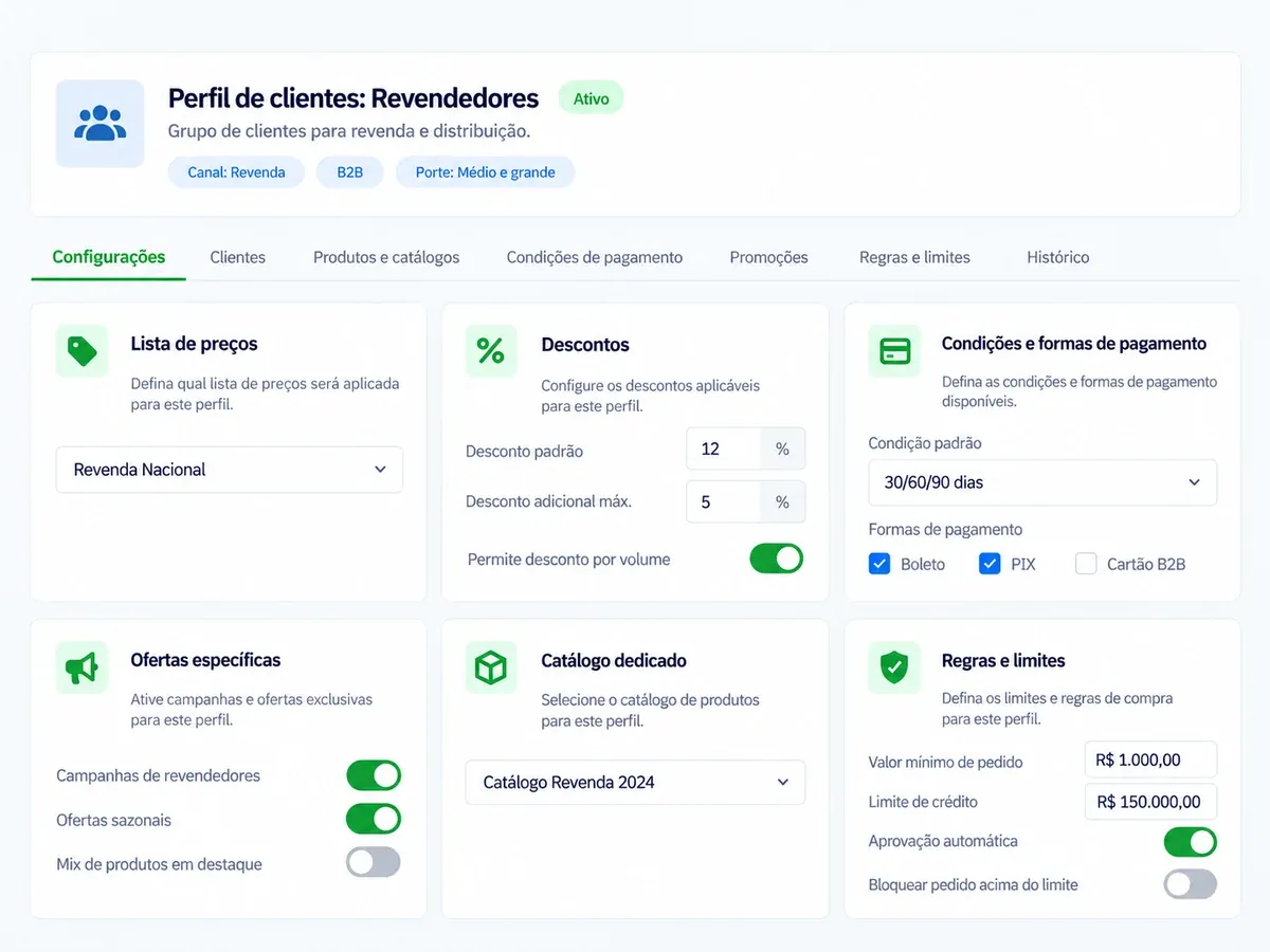 Tela do perfil de clientes Revendedores na Flexy: o cabeçalho com canal, tipo e porte do grupo e, abaixo, as regras aplicadas a ele — lista de preços, descontos, condições e formas de pagamento, ofertas, catálogo e limites de compra.
